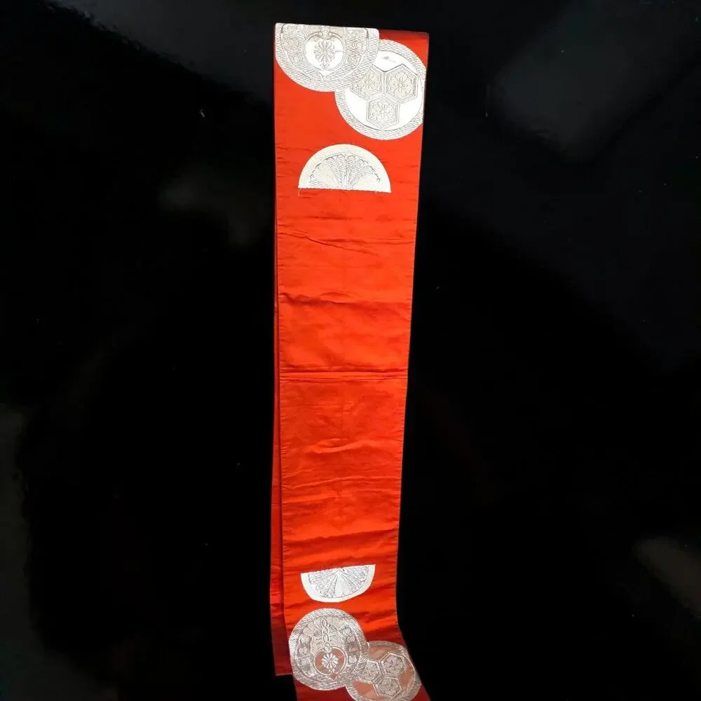 VTG Japanese Silk Fukuro Obi Vermilion Orange Gold Brocade  Kimono Sash 164